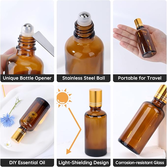 Segbeauty 1.7oz Thick Glass Amber Roller Bottles for Essential Oils, 5pcs Travel Roll On Perfume Bottles, 50ml Refillable Roller Ball Applicator for Eye Essence, Empty Rollerball Bottle for Castor Oil