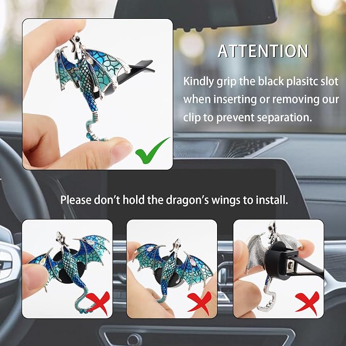 ORIESSE Bling Dragon Car Air Freshener Vent Clip,1pc Rhinestone Blue Dragon Car Decor,Cute Air Vent Clip Dashboard Decoration Accessory,Refillable Animal Diffuser