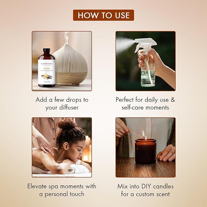 Majestic Pure Vanilla Essential Oil with Glass Dropper - 4 Fl Oz - 100% Pure and Natural Vanilla Oil - Premium Grade Essential Oils for Diffuser, Aromatherapy, Soap and Candle Making