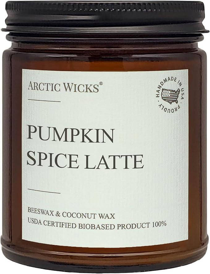 Arctic Wicks Scented Coconut Beeswax Candles | Coconut Beeswax Non Toxic Candle 9oz Amber | Farmhouse Candles Non-Toxic Clean Burn 100% USDA Certified Biobased (Pumpkin Spice Latte)
