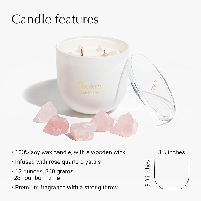 Rose Quartz Crystal Candle, 12oz Soy Wax Aromatherapy for Meditation & Stress Relief, Dual Crackling Wood Wicks, 6 Authentic Crystals Inside, Spiritual Healing Gift for Women, Chakra Balancing