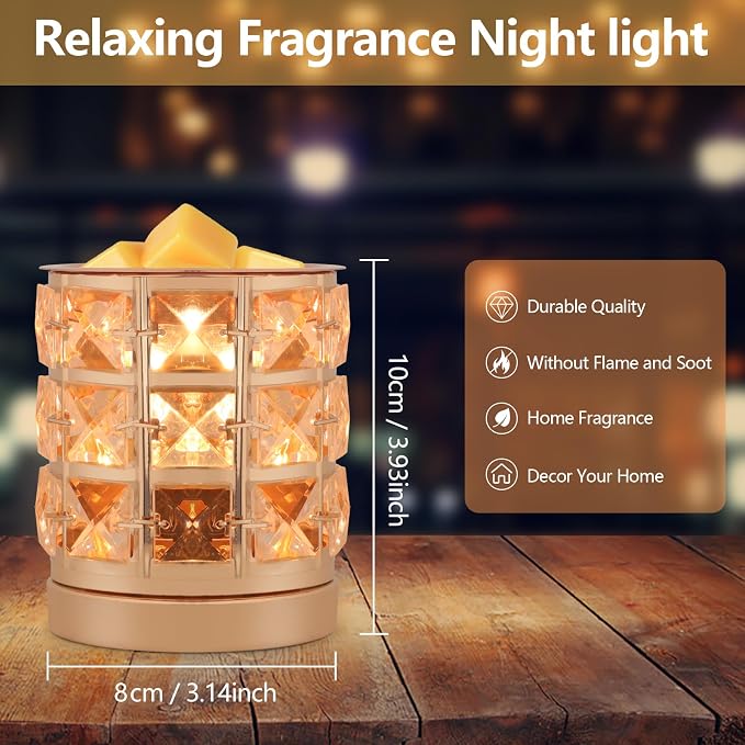 Crystal Wax Melt Warmer Candle Wax Warmer for Scented Wax 2 in 1 Wax Melts Fragrance Warmer Wax Cubes Melter Home Office Deco Night Light Valentines Day Birthday Gifts for Women Mom Girl(02-Gold)