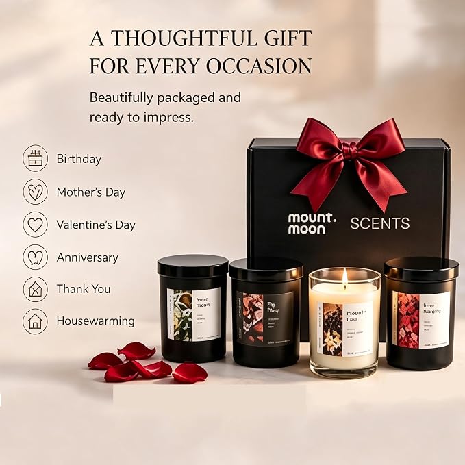 4-Pack Soy Candle Gift Set, Natural Aromatherapy Candles - Sea Salt Sage, Fig Fir, Lavender Eucalyptus, Velvet Rose, 5oz Each 150 Hour, Aromatherapy Candle Gift Set for Home, Relaxation & Spa