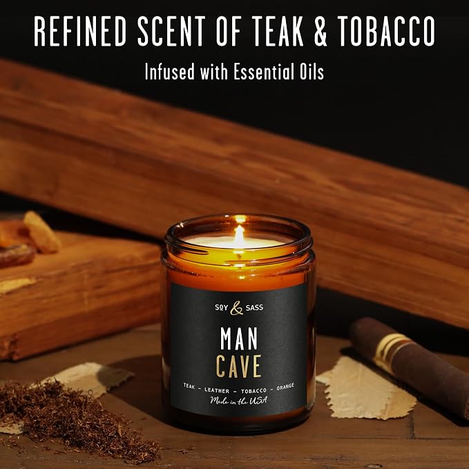 Man Cave Candle I Scented Black Candles for Men - Rich Teakwood & Tobacco Soy Wax Mens Candle - Infused w/Essential Oils | Masculine Manly Candles for Men I 50Hr Burn, 9oz I Non Toxic I Made in USA