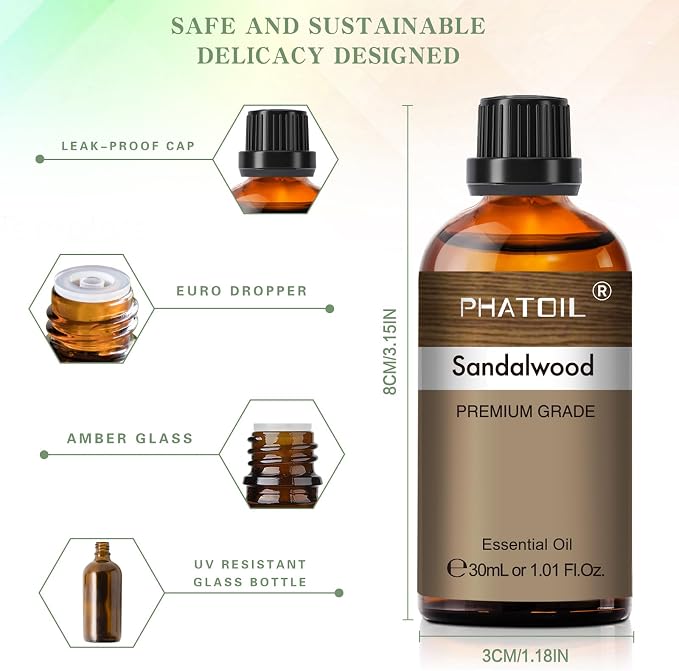 Sandalwood Essential Oil, 1.01Fl.Oz (30ML) PHATOIL Pure Essential Oil Singles for Aromatherapy Diffusers, Humidifiers, Great for DIY Candle and Soap Making, Gift for Friend