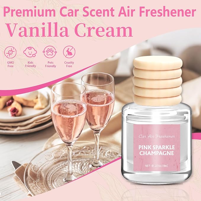 AROIC Car Air Freshener - Pink Sparkle Champagne Fragrance, 6 Pack Long Lasting Essential Oil Fragrance Diffuser, Hanging Cute Automotive Perfumes Interior Decor, Pink Car Accessories for Women & Men