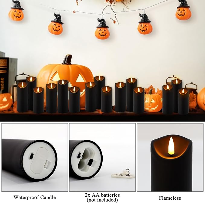 YOROXRG 12 Pack Halloween Decoration Flickering Flameless Candles, Battery Operated LED Pillar Candles with Remote Control and Timer.for Home Decor (D2.2 xH 5" 6" 7" Black)