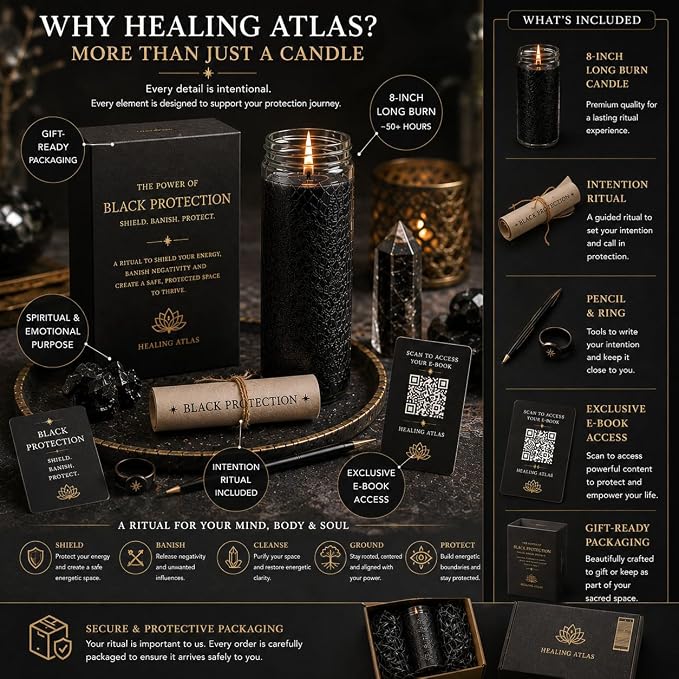 Black Protection Manifestation Candle Kit – 8" Ritual Prayer Candle with Intention Scrolls, Pencil & QR Guide for Protection, Energy Cleansing & Spiritual Defense