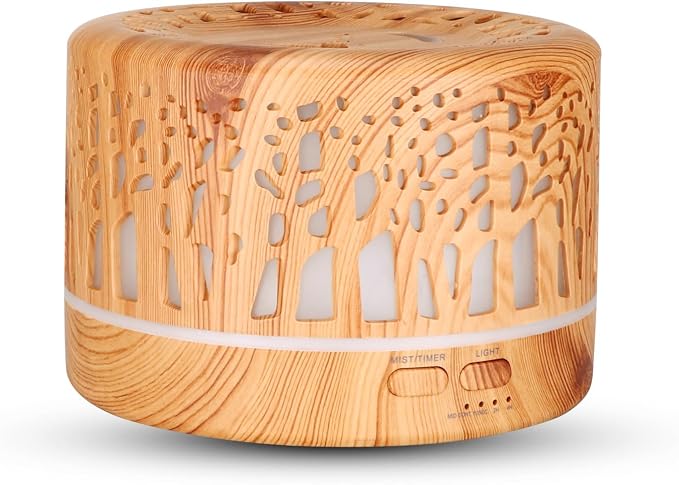 Wild Essentials 700ml Designer Large Room Essential Oil Diffuser, 5 in 1 Ultrasonic Aromatherapy Vaporizer Cool Mist Humidifier, Home, Office Bedroom, Timer, Auto-Off, 7 Color LED (Light Wood Trees)