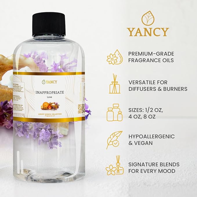 YANCY Inappropriate Luxury Collection Fragrance Oil (8 oz), Exotic Wood and Spice Aroma, Captivating Scent for Diffusers, Oil Burners & Aroma Lamps, Adds Bold Elegance to Social Spaces