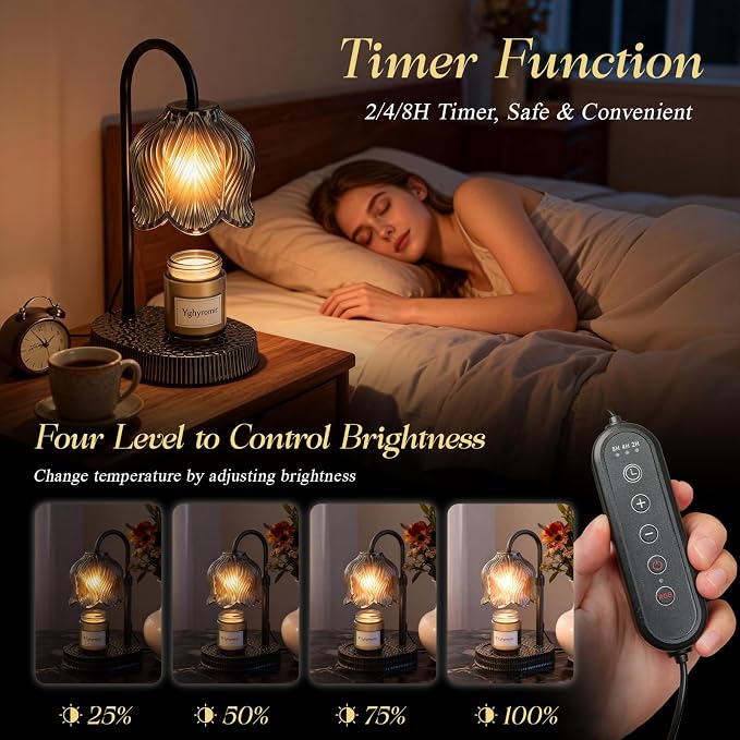 Candle Warmer Lamp with Adjustable Height - Flameless 4-Level Dimmable Wax Warmer, Timer Function & Stylish Design in Multiple Colors (Black)