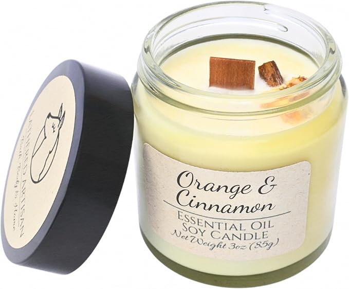 Orange & Cinnamon Essential Oil Candle 3 oz, Hand Crafted Pure Soy Wax Candle with Wooden Wick, Dried Flowers, 23 Hour Burn Time, Natural Aromatherapy Glass Jar Candle with Lid by Lathered Artisan