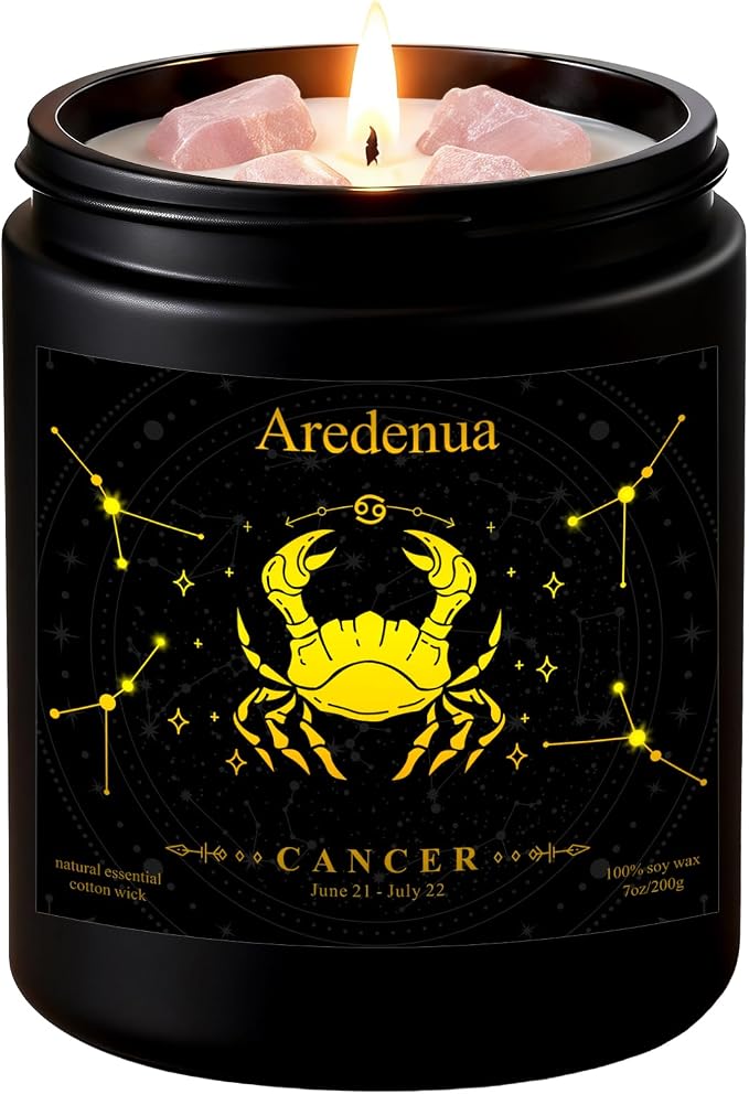 Cancer Birthday Gifts Candle | Zodiac Crystal Candles with Pink Opal Healing Crystals - Cashmere Lavender Scented Soy Candle, 7oz 50H Burn, Unique Spiritual Astrology Gifts for Women Men