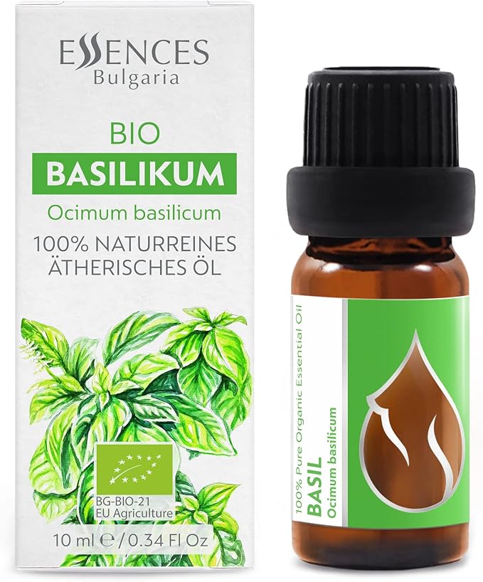 Essences Bulgaria Organic Basil Essential Oil 1/3 Fl Oz | 10ml | Ocimum basilicum | 100% Pure and Natural | Undiluted | Therapeutic Grade | Family Owned Farm | Steam-Distilled | Non-GMO | Vegan