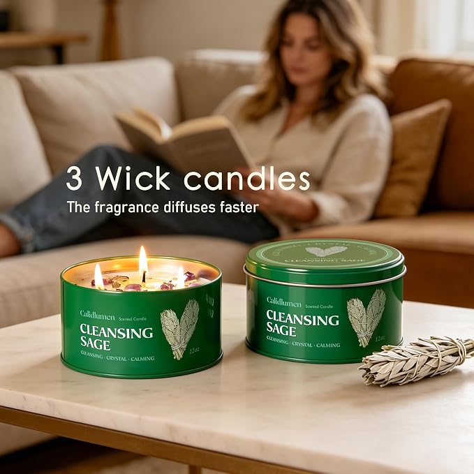 Sage Candle for Cleansing - 3 Wick 24 oz 2PC Soy Candle with Crystal and White Sage Crumbles, Organic Sage Candles Cleansing House Negative Energy