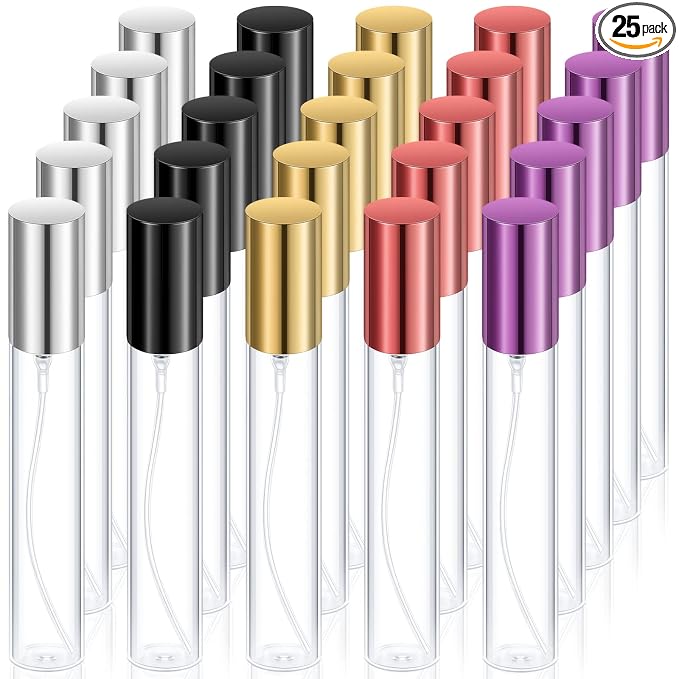 Yinder 25 Pcs 15ml Travel Spray Bottle Refillable Perfume Atomizer Bulk Glass Mini Cologne Perfume Bottles Empty Fine Mist Portable Small Sample Containers(Black, Red, Purple, Gold, Silver)