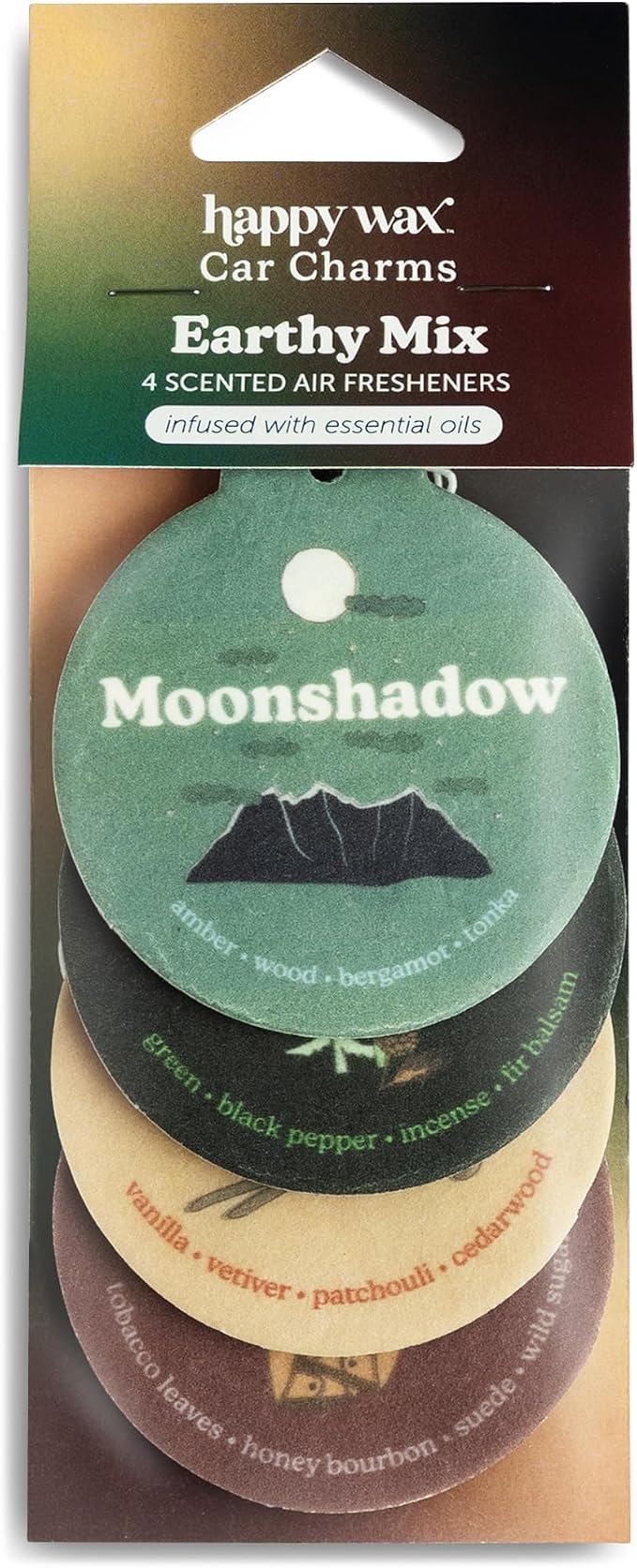 Happy Wax Earthy Mix Car Charms 4-Pack - Includes: Moonshadow, Pine Forest, Vanilla Sandalwood and Vintage Leather