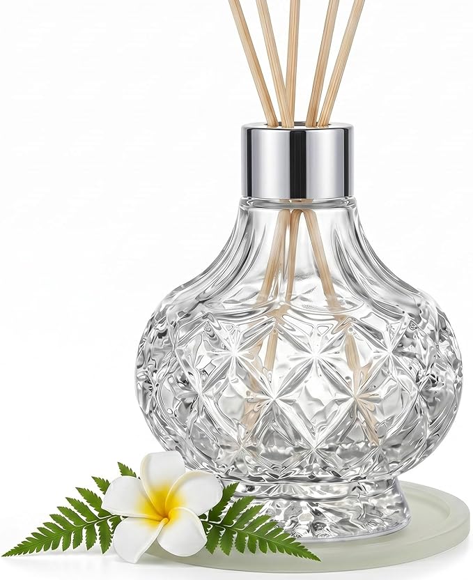 Reed Diffuser Bottle - Empty Glass Diffuser Bottles Refillable Fragrance Oils Jars Gourd Shape with Silver Decorative Hole Cap and Luminous Coaster Mat, 7.5 fl Oz,Clear (Reeds Not Included)