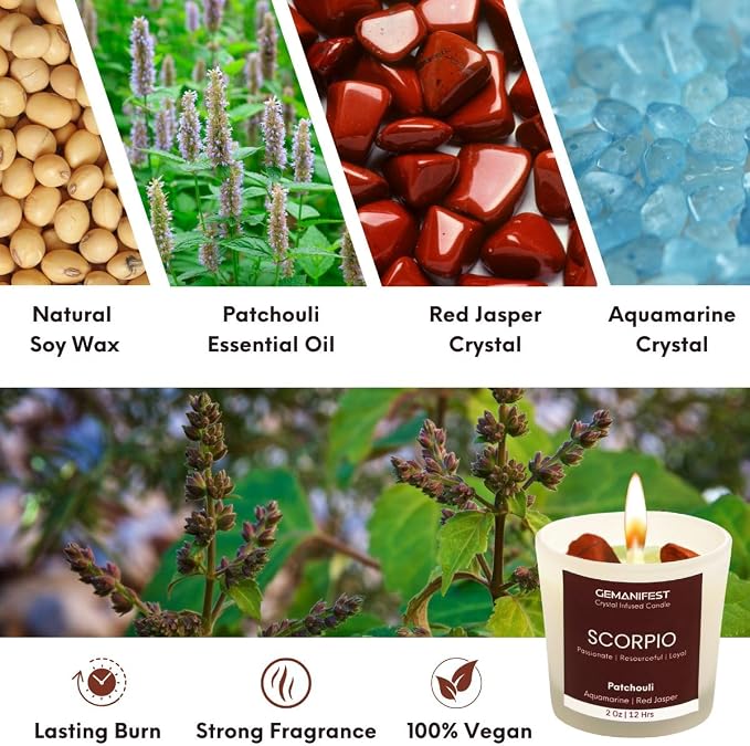 Scorpio Zodiac Candle Scorpio Birthday Gifts for Men Women Patchouli Crystal Candle with Healing Crystals and Manifestation Bracelet Soy Candles for Home Scented