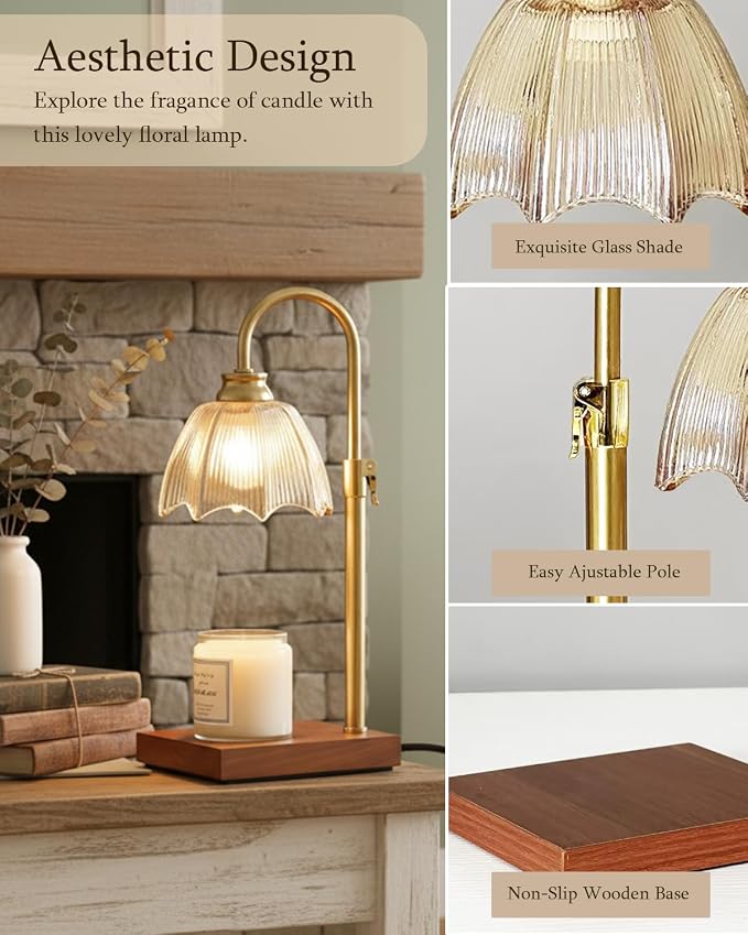 Farmhouse Candle Warmer Lamp with Timer Dimmable Adjustable Gold, Vintage Glass Wax Heated Lamp Wood Base for Large Jar Candles, Gifts for Mothers Day House Warming New Home Office Decor (Amber)