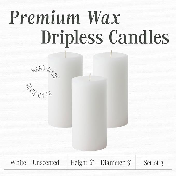 Mister Candle Dripless Unscented Pillar Candles, Set of 3 Hand Poured White Pillar Candles, Solid Color Non-Scented Candles for Home Decor, Premium Wax, 80 Hr Burn Time, 3x6 Inch