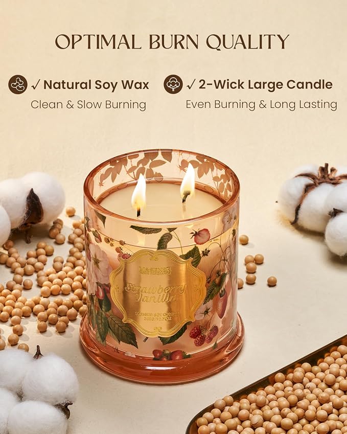 M&SENSE Strawberry Vanilla Candle 12.7oz Romantic Summer 2 Wick | Organic Soy, Non-Toxic, Sweet Cozy Summer Scent, Ideal Gifts for Women, 75 Hours Burning