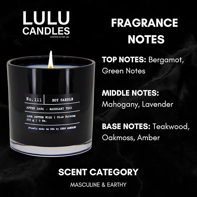 Lulu Candles | After Dark - Teak Mahogany| Luxury Scented Soy Jar Candle | Hand Poured in The USA | Highly Scented & Long Lasting (9 Oz. 2 Pack)