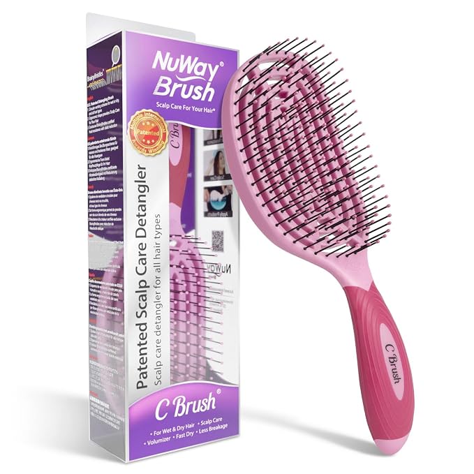 NuWay® C Brush® Scalp Care Detangling Hair Brush – Gentle Scalp Massage & Easy Detangling for Wet or Dry Hair, Everyday Hairbrush for Healthy Looking Hair (Pink Petal)