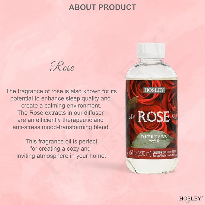 Hosley Premium Oil Diffuser Refill Rose Fragrance's -7.75 OZ Long Lasting for Home Fragrance for Bathroom, Bedroom, Office, Meditation, Wedding Gift.