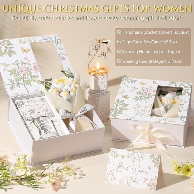 Mothers Day Gifts for Women Mom Friend Sister, Unique Birthday Gifts for Women Girlfriend Wife Daughter, Christmas Candles Hummingbird Rotating Scented Candles Set for Woman w/Crochet Flower Bouquet