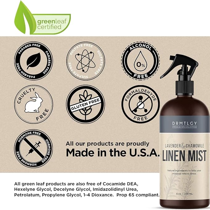 DRMTLGY Natural Green Tea Linen and Room Spray. Pure Essential Oils for a Pillow Spray, Linen Mist, and Fabric Spray. Aromatherapy Spray for Relaxation and Sleep, 8 oz