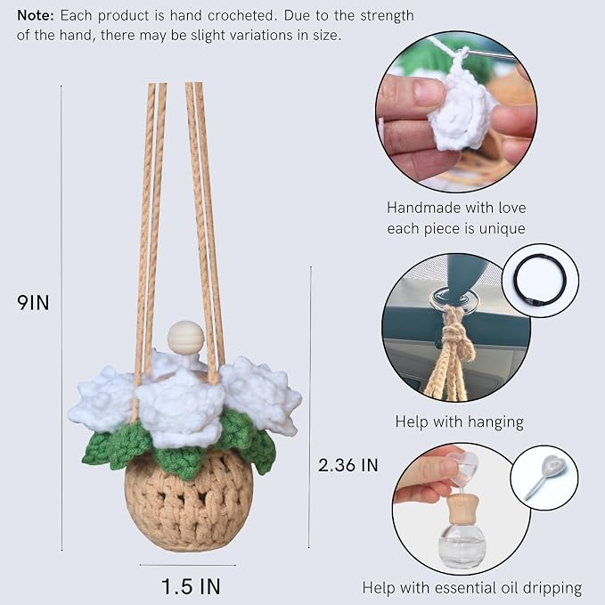 ROFIGL Handmade Crochet Hanging Car Air Freshener - Pure Elegant White Rose Design, 12ml Refillable Thick Glass Bottle, Car Diffuser for Rearview Mirror, Home & Office Minimalist Decor