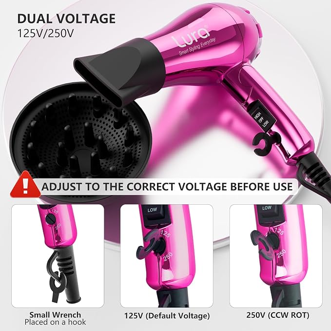 LURA Mini Portable Travel Hair Dryer:Dual Voltage Small Lightweight Blow Dryer with EU Plug,1200W Compact Hairdryer with Folding Handle,with Concentrator&Diffuser Attachment,for Women and Men(Purple)
