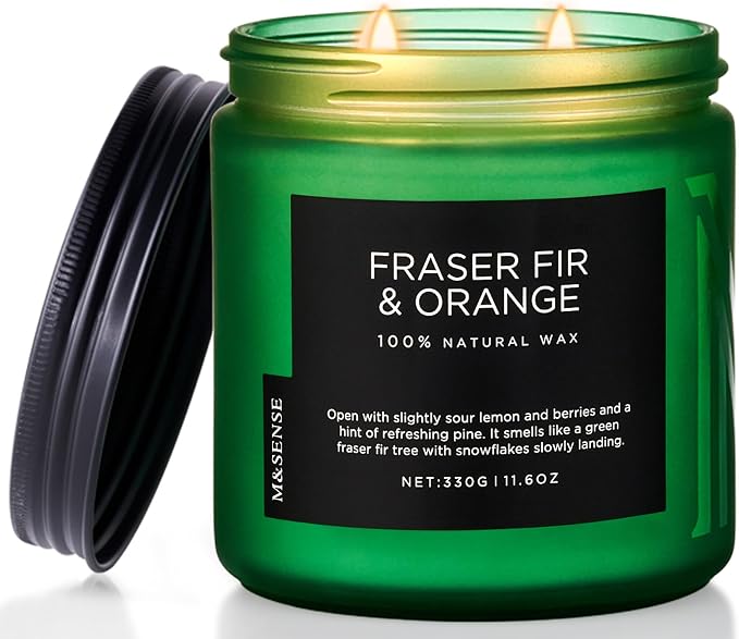 M&SENSE Fraser Fir Pine Scented Candle, Natural Soy Wax Non Toxic Candles 70 Hours 2 Cotton Wick 11.6oz Cozy Home Fragrance Aromatherapy Candle for Birthday Holiday Gifts for Mom Women