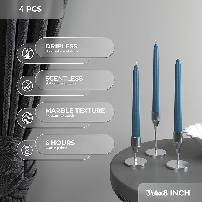 CANDWAX Dark Blue 8 inch Taper Candles Pack of 4 - Long Burning Unscented Smokeless Dripless Tall Candle Sticks - Perfect for Parties, Celebrations, Special Occasions or as a Dinner Table Centerpiece