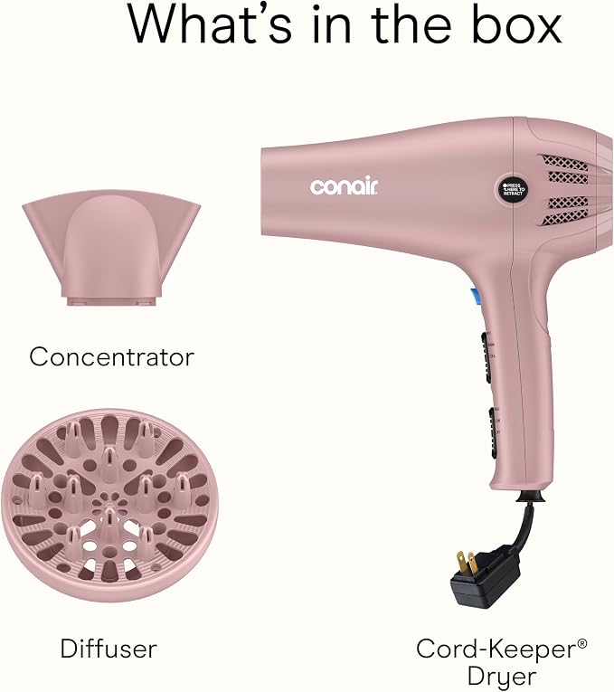 Conair Hair Dryer with Retractable Cord, 1875W Blow Dryer, 3 Heat Settings, 2 Speeds, Blow Dryer with Diffuser and Concentrator Attachments, Ionic + Tourmaline Technology, Matte Light Pink