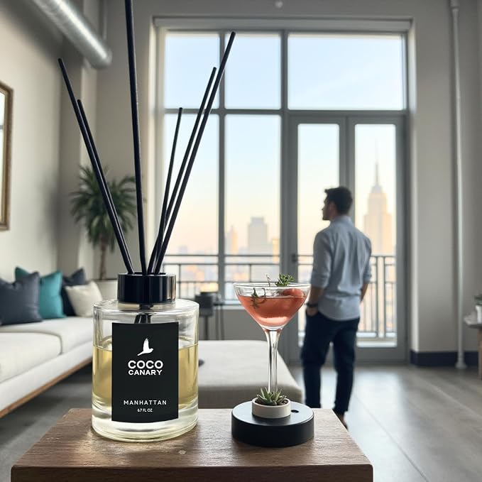 Coco Canary Reed Diffuser Set, 6.7 fl oz Home Fragrance - Manhattan - Long-Lasting Masculine Scent, Whiskey Cocktail Notes, Urban Sophistication