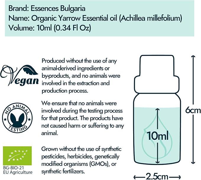 Essences Bulgaria Organic Yarrow Essential Oil 1/3 Fl Oz | 10ml | Achillea millefolium | 100% Pure and Natural | Undiluted | Therapeutic Grade | Family Owned Farm | Steam-Distilled | Non-GMO | Vegan