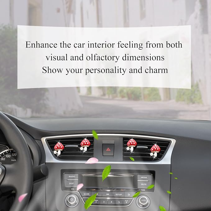 ORIESSE Cute Mushroom Car Air Freshener Vent Clips,4pcs Red Mushroon Refillable Car Air Freshener Decorative Clips Car Diffuser,Providing Bloom Car Scent