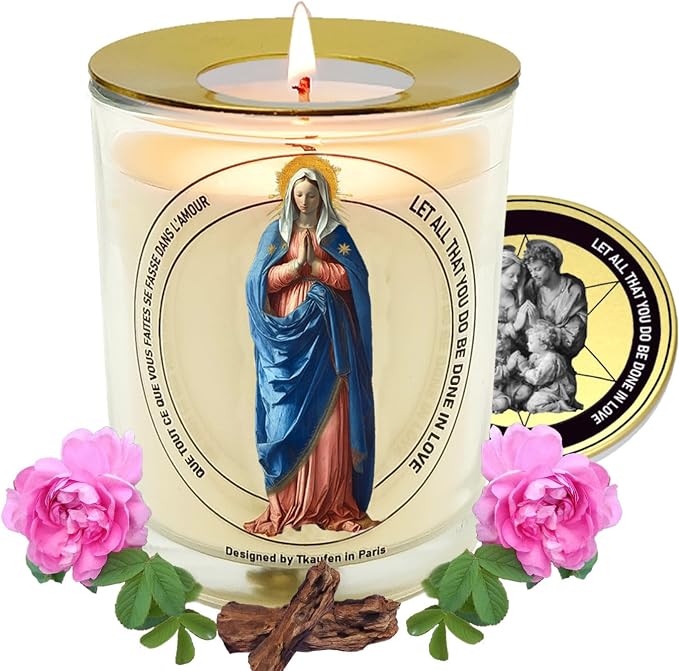 Mother Virgin Mary Rose Scented Candle 50 Hours with Warmer Ring│Natural Soy Wax│Family Protection, Guidance, Miraculous Blessing, Eternal Love, Grief Comfort│Design in Paris│3“×3.6”