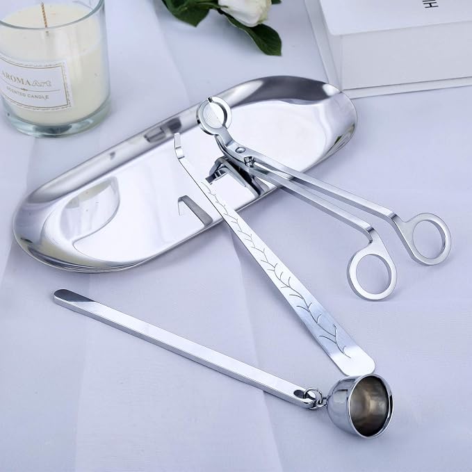 MUXSAM 4 in 1 Candle Accessory Set, Candle Wick Trimmer, Candle Snuffer, Wick Trimmer, Candle Wick Dipper, Storage Tray Plate, Candle Care Tools Gifts for Candle Lovers(Silver)
