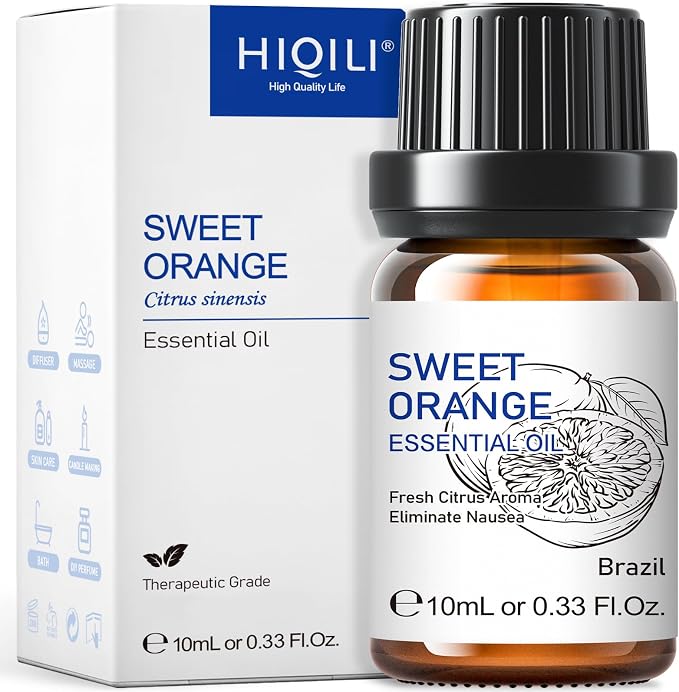 HIQILI Sweet Orange Essential Oil 10mL (0.33fl oz) | Uplifting Aroma for Diffuser, Aromatherapy, Freshen Air, Skin Care, Home Cleaning, Home Fragrance, DIY Candle Soap Making