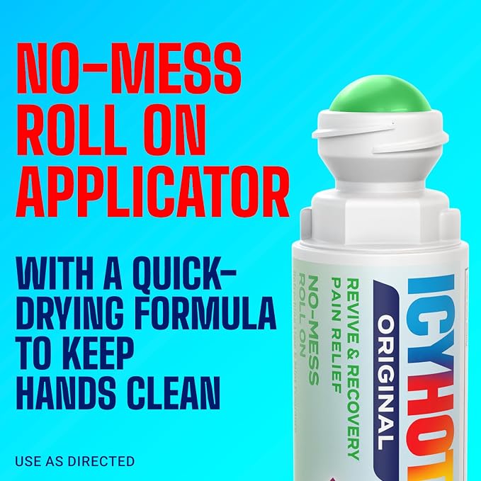 Icy Hot Original Pain Relief Revive & Recovery No-Mess Roll-On Applicator, Fast-Acting Pain Relief with 8% Menthol for Backaches, Joints, Muscle Strains and Arthritis, Refreshing Lime & Mint, 2 oz