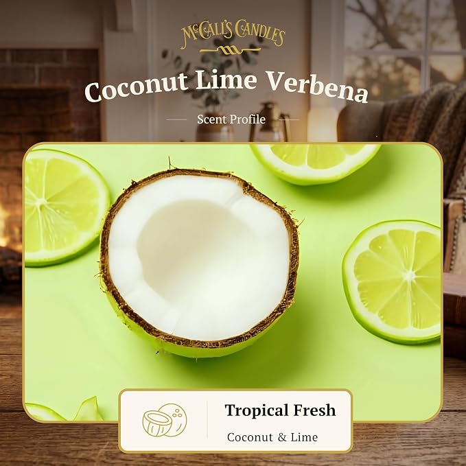 McCall’s Candles | Coconut Lime Verbena | 26 oz Scented Candle | USA-Poured | Vintage Rustic Jar with Carrying Handle | Tropical Citrus & Creamy Coconut Fragrance