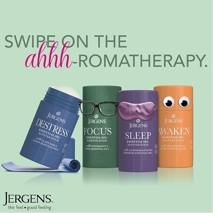 Jergens De-Stress Essential Oil-Scented Stick, Aromatherapy Stick with Lemon and Clary Sage Essential Oils, 0.9 Oz