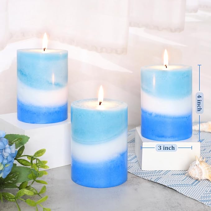 Crystal Club Ocean Scented Pillar Candles Set of 3, 3x4 Inch Blue Coastal Candles, Long Burning 40+ Hours, Smokeless & Dripless, Beach Home Decor for Living Room Bathroom Gift