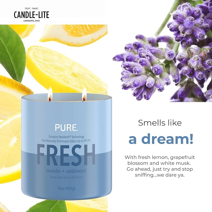 Candle-Lite Pure Lavender & Sandalwood Odor Eliminating Scented Candles, Neofresh Technology Eliminates 99.9% of Odors, 16 oz 2-Wick Jar, Proudly Poured in The USA, Up to 60 Hours Burn Time