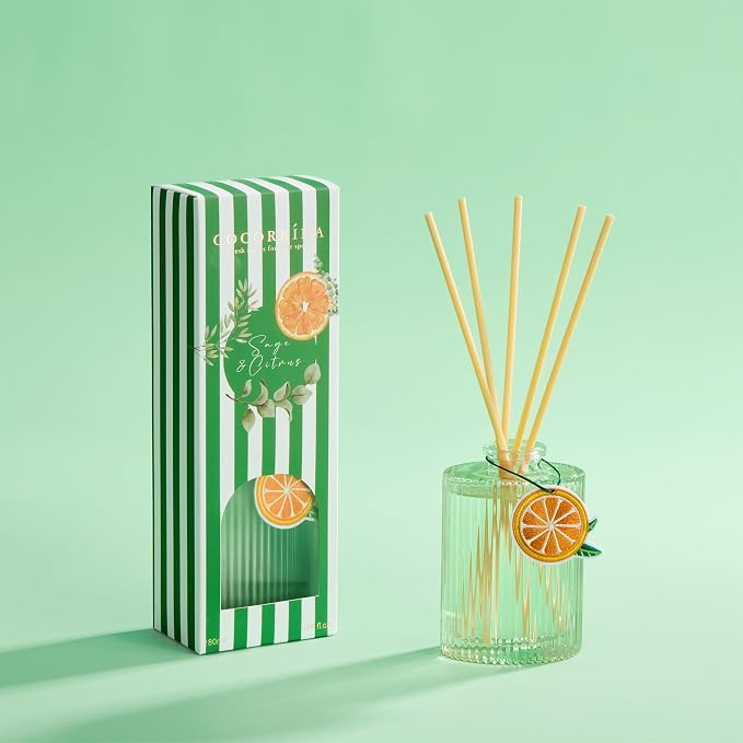 COCORRÍNA Reed Diffuser, Sage & Citrus Scent Oil Diffuser, 6.09 fl oz, 8 Reeds, Long-Lasting Home Fragrance, Bathroom Bedroom Shelf Decor & Gifts