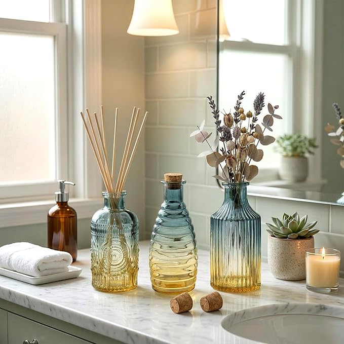 MyGift Small Blue Yellow Gradient Glass Reed Diffuser Bottles, Vintage Embossed Apothecary Style Flower Bud Vases with Cork Lids, Assorted Designs and Sizes, Set of 3