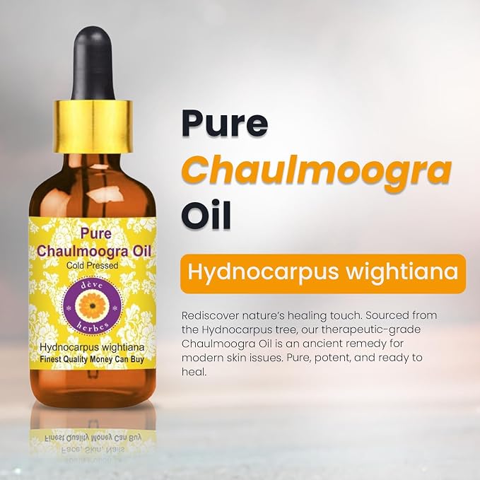 Deve Herbes Chaulmoogra Oil (Hydnocarpus wightiana) with Glass Dropper | Cold Pressed | Pure | Natural | for Diluting Essential Oils | Skin & Massage | Non-Sticky | Lightweight | Unisex | 30ml (1 oz)